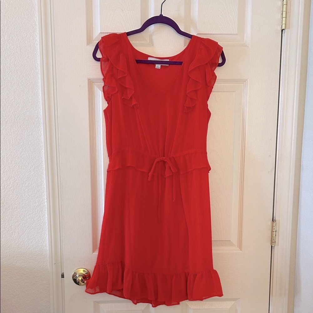 Emma & Michele Bright Red V-Neck Flutter Sleeve Ruffle Dress